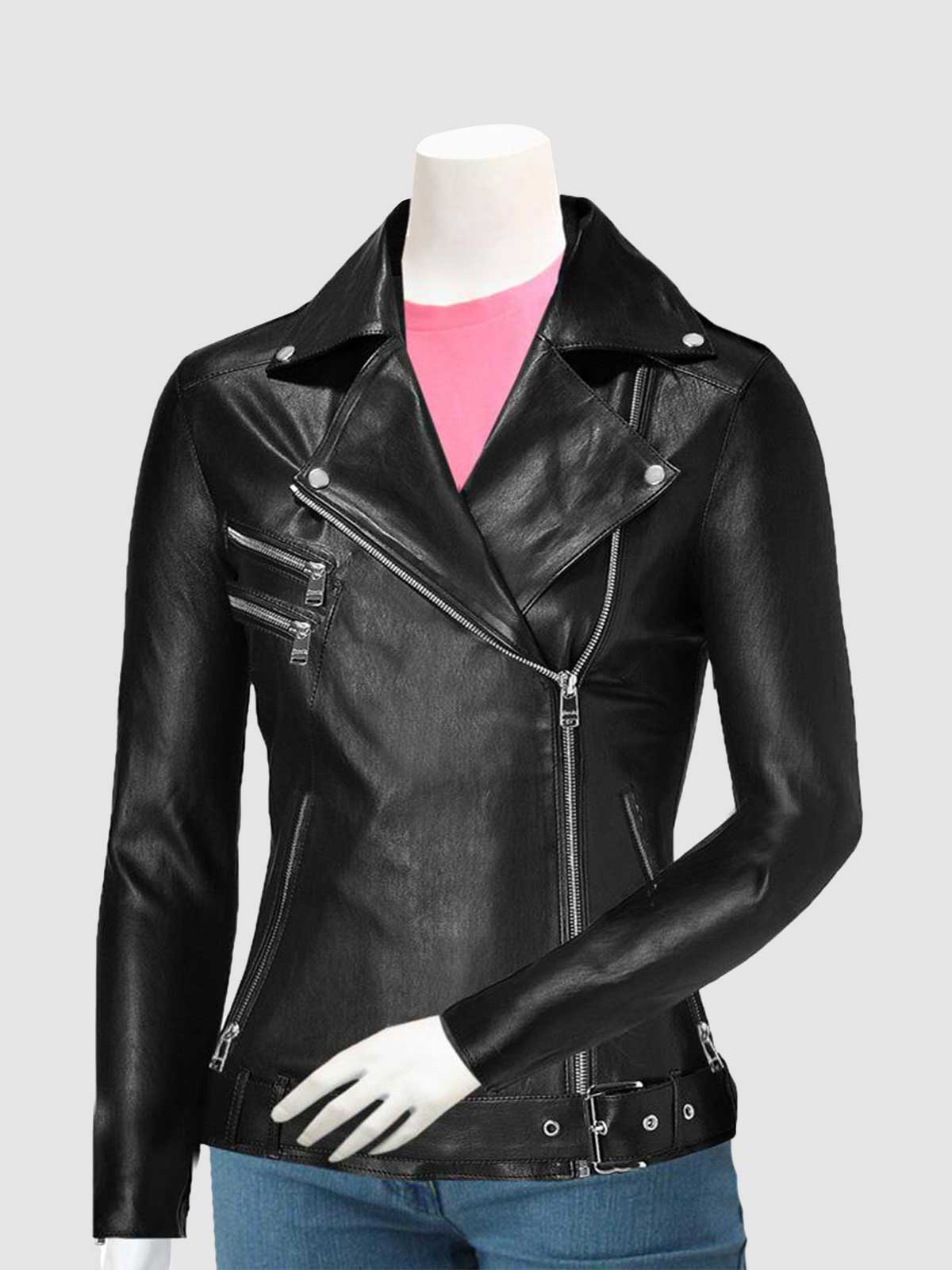 Front view of a tailored black leather moto jacket for women, showing the waist belt, three horizontal zip pockets, and high-shine silver hardware.